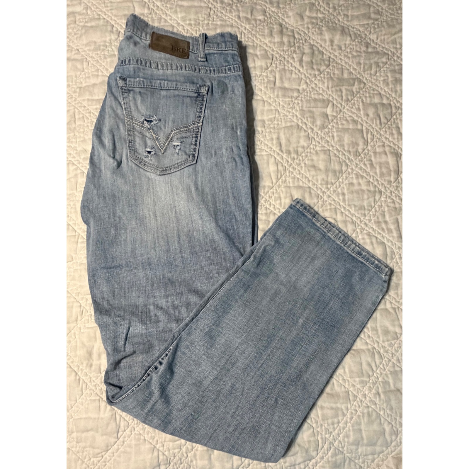 Bke Tyler Straight Leg Jeans Mens 38l Light Wash Distressed Blue Denim